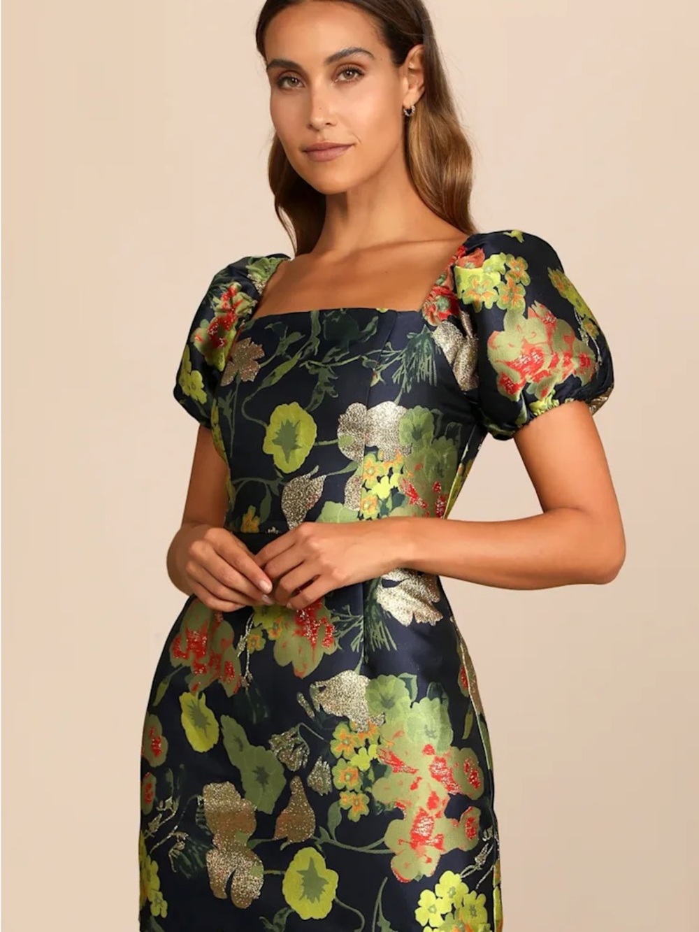 NWT - Lulus So Stunning Navy Blue Floral Jacquard Puff Sleeve Mini Dress